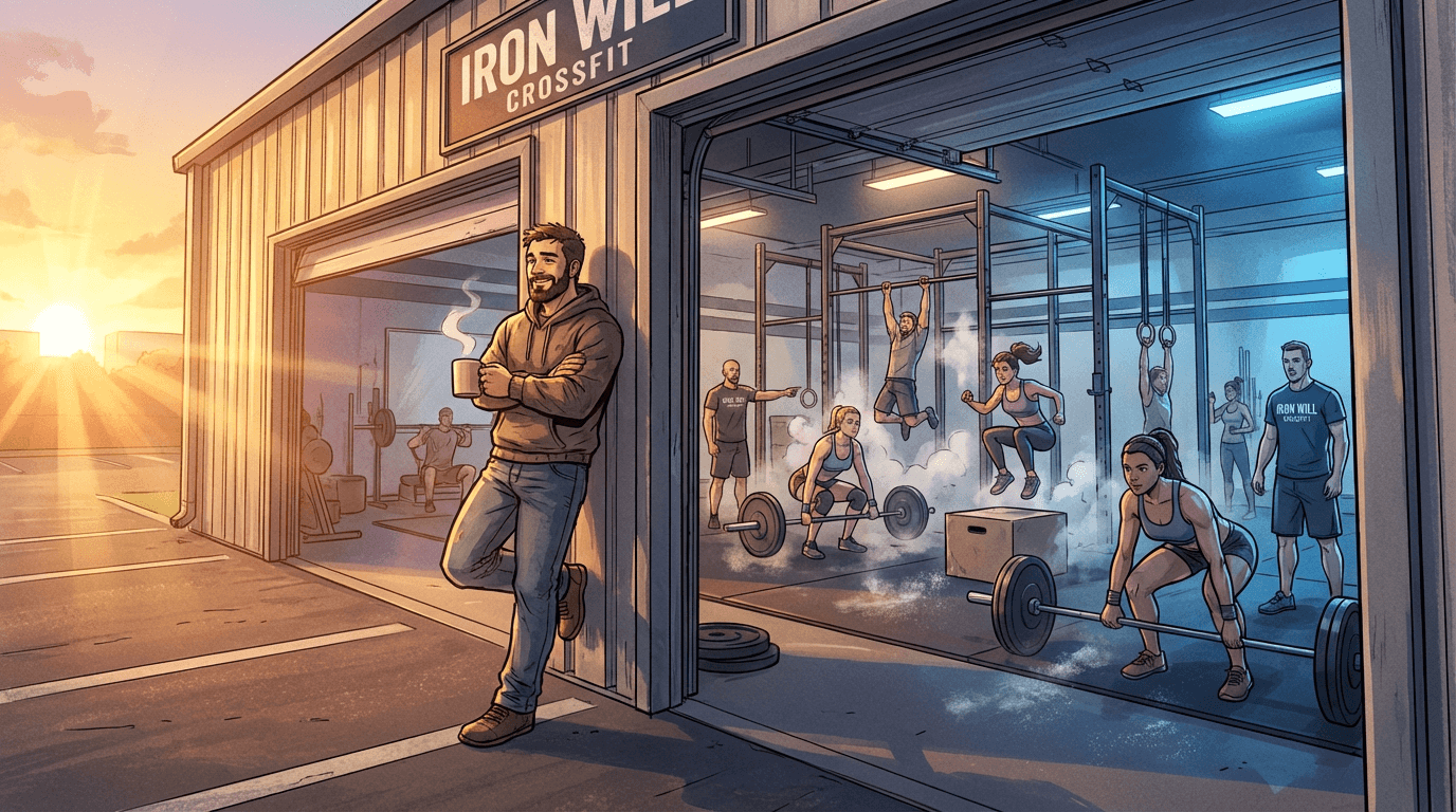 Gym owner watching his team coach the 6am class